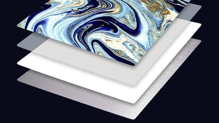 Exploded view showing artwork infused into the layers of a coated aluminum panel