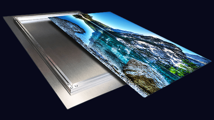 Rear view of a metal print with an inset aluminum frame mount