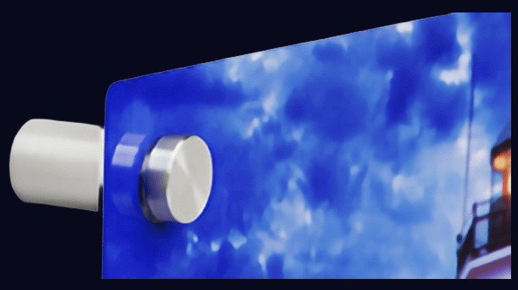 Close view of a precision-machined metal standoff through an artwork corner