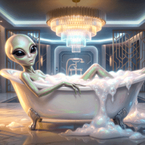 A poised extraterrestrial muse reclining in an iridescent clawfoot bath beneath a crystal chandelier.