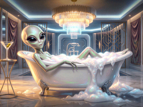 A poised extraterrestrial muse reclining in an iridescent clawfoot bath beneath a crystal chandelier.