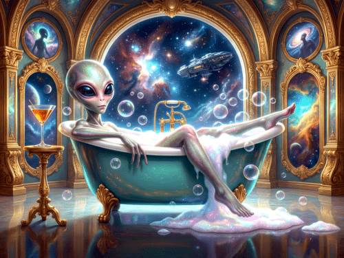 An elegant extraterrestrial muse reclining in a gilded clawfoot bath beneath a luminous cosmic sky.
