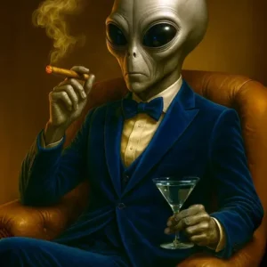An extraterrestrial gentleman in a tailored blue velvet suit holding a cigar and a glass in warm golden light.