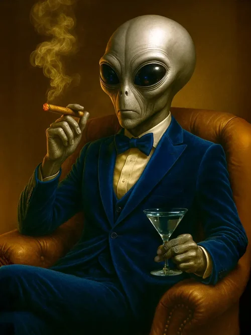 An extraterrestrial gentleman in a tailored blue velvet suit holding a cigar and a glass in warm golden light.