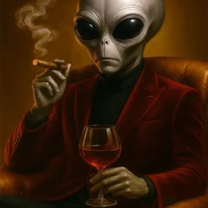 A contemplative extraterrestrial gentleman in a deep crimson jacket holding a cigar and glass.