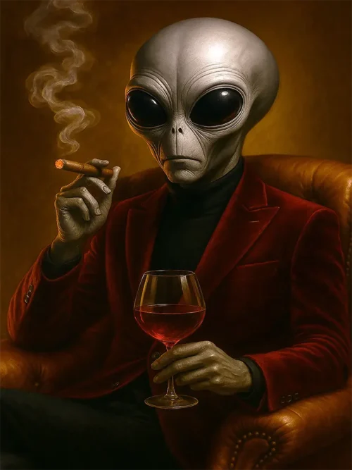 A contemplative extraterrestrial gentleman in a deep crimson jacket holding a cigar and glass.