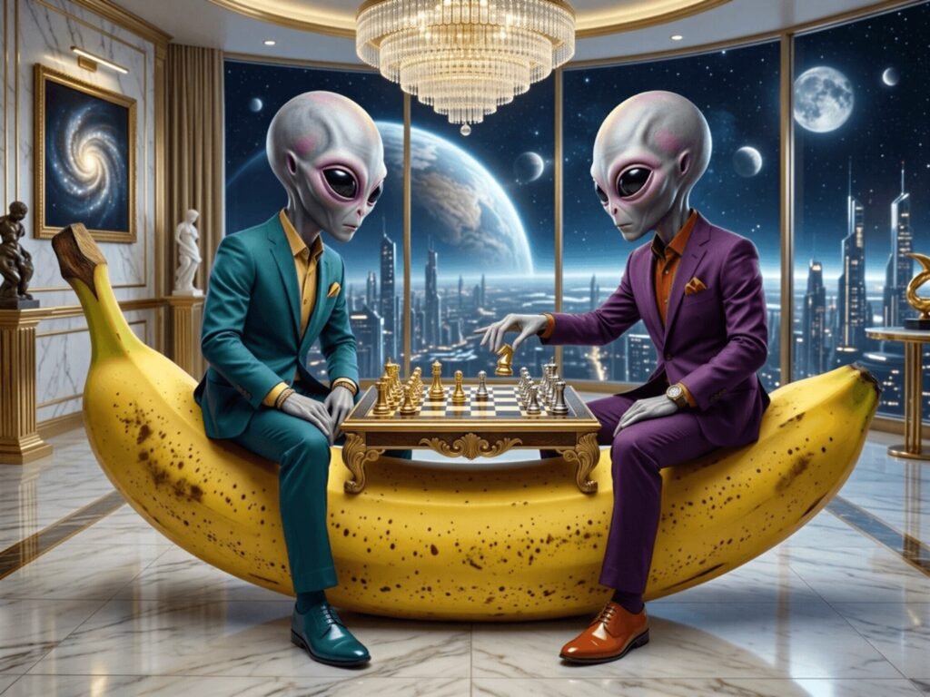 Two elegant extraterrestrial strategists playing chess on a monumental golden banana above a futuristic city.