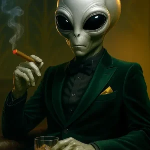 An extraterrestrial gentleman in a deep green velvet suit holding a cigar and drink beneath warm golden light.