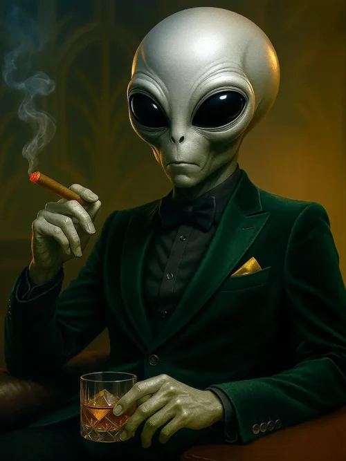 An extraterrestrial gentleman in a deep green velvet suit holding a cigar and drink beneath warm golden light.